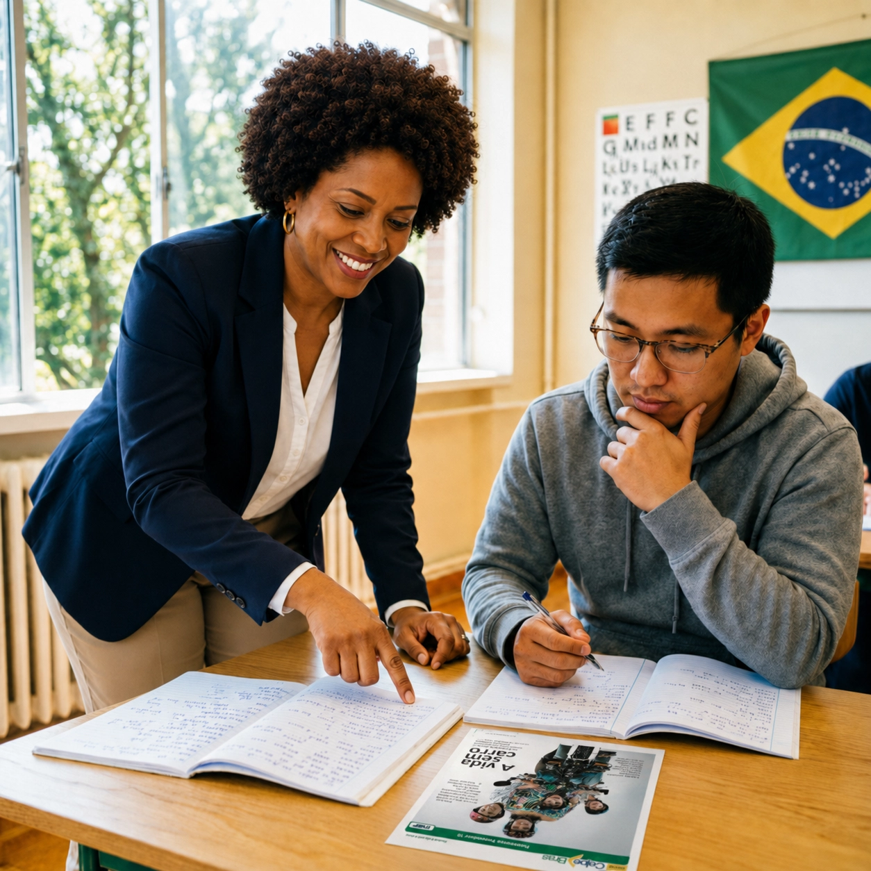Instructor guiando a un estudiante de portugués